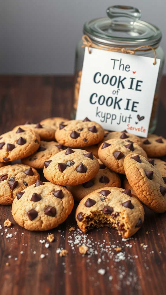 An assortment of cookies on a rustic table with a cookie jar and a humorous quote.